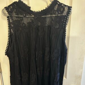 Black Lace Sleeveless Shift Dress with Mesh Floral Overlay